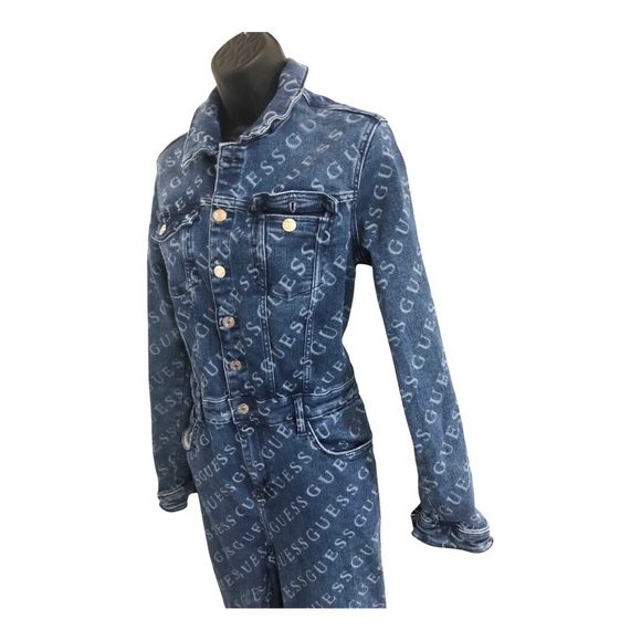 Guess Lorena blue jeans all over Guess logo collared denim jumpsuit size XL new - Picture 4 of 16